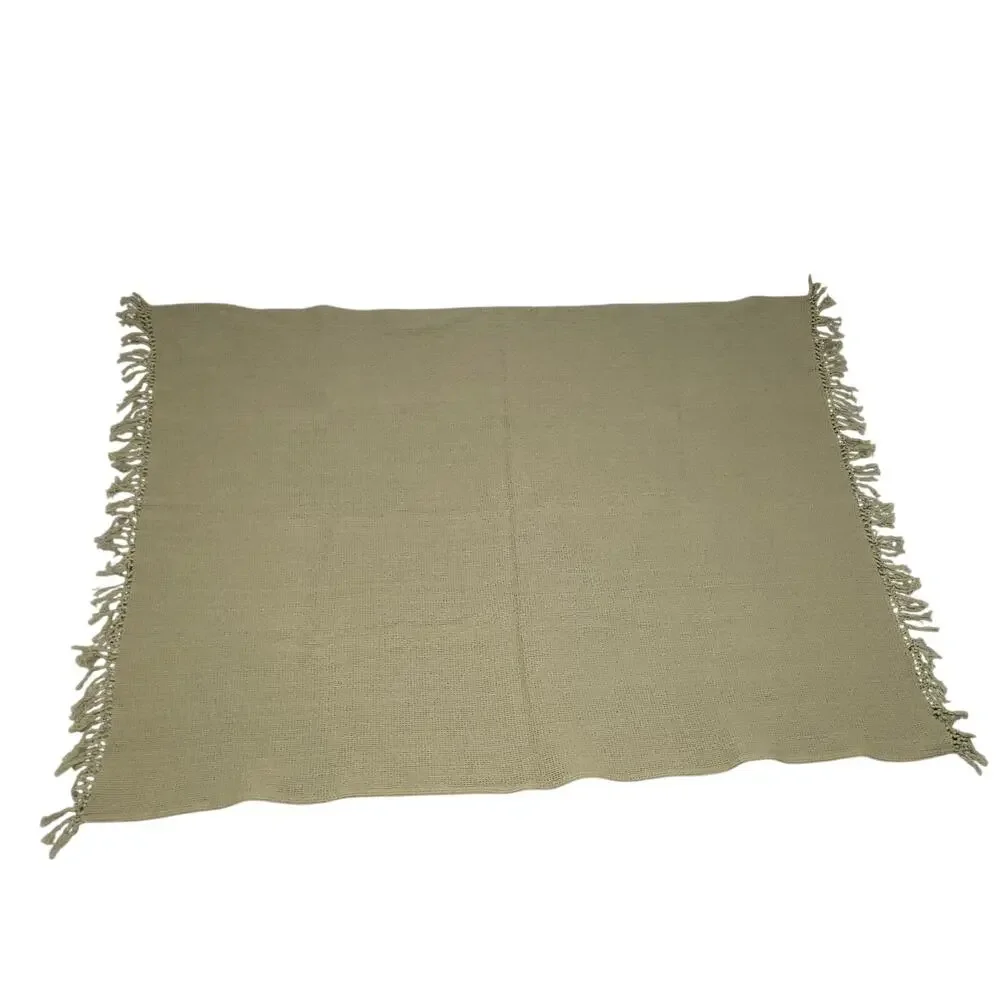 Vintage Pier 1 Imports 100% Cotton Garter Stitch Knit Throw Blanket Fringe Sage
